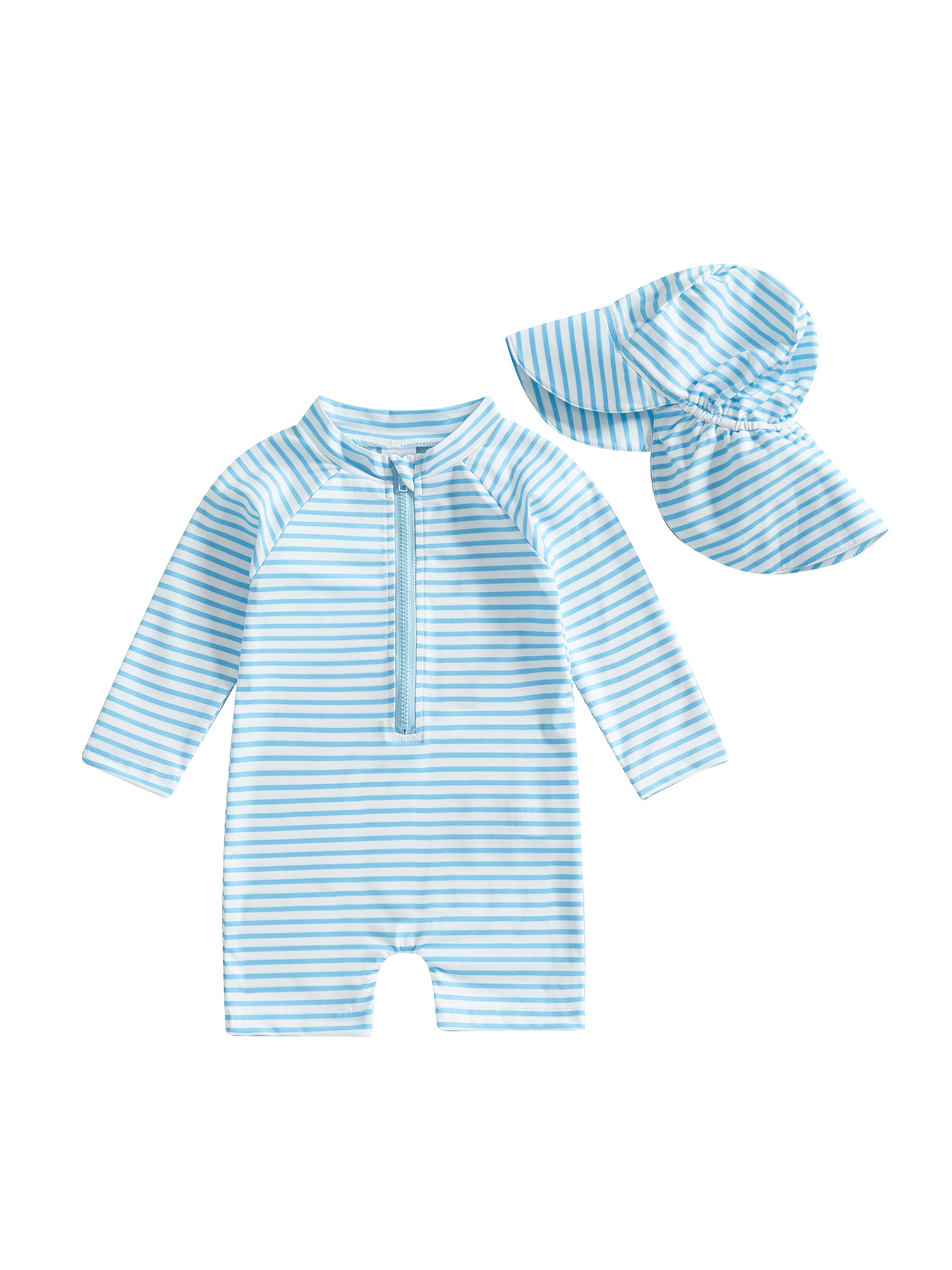 Nygoyerh Toddler Boys Girls Rash Guard Swimsuit with Hat 2 Pcs Set Striped Pattern Zip Up Long Sleeve Crew Neck Baby Swimwears Infant Clothing 0M 3M 6M 9M 12M 18M 2T 3T
